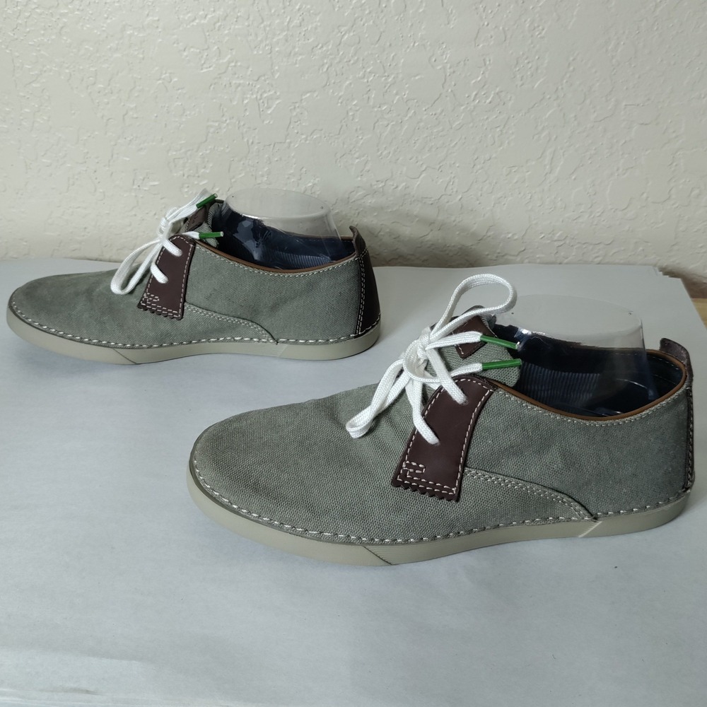 Clarks Mens Canvas Sneakers Green/gray Brown Leather Trim Low Top Shoes Size 7